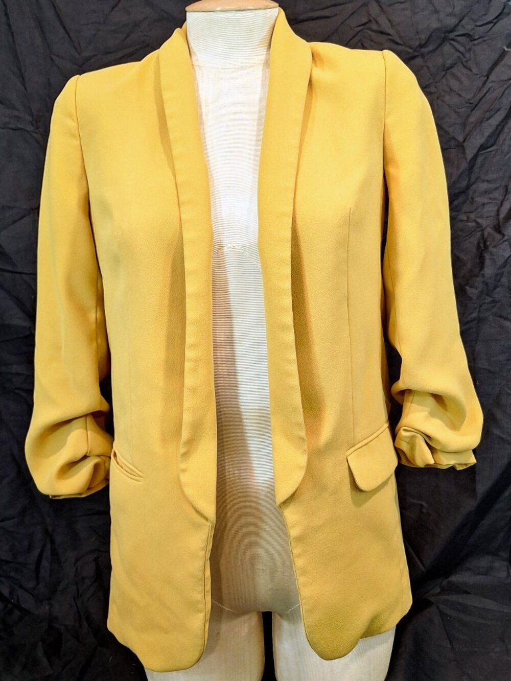 Express Mustard Yellow Blazer Open Front 3/4 Ruched Sleeve Jacket Formal XS